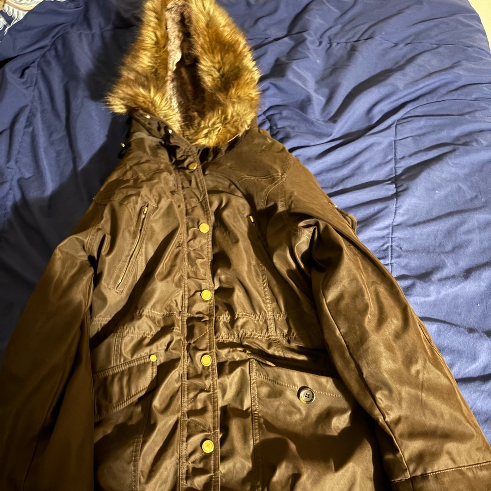 brown coat with fur lining